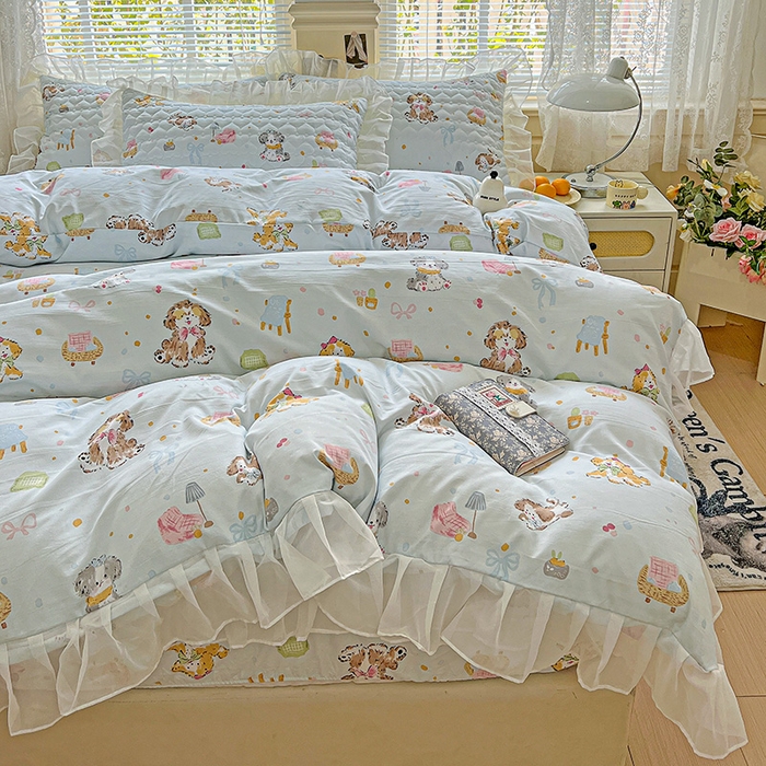 91家纺网 家纺一手货源 找家纺 艾橙家纺 2025新款雪纺花边加棉床笠款单品四件套-单床笠 丹妮狗