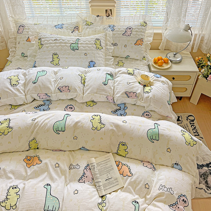 91家纺网 家纺一手货源 找家纺 艾橙家纺 2025新款雪纺花边加棉床笠款单品四件套-单床笠 恐龙日记