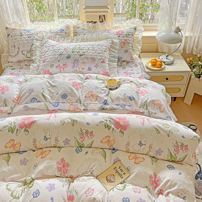 91家纺网 家纺一手货源 找家纺 艾橙家纺 2025新款雪纺花边加棉床笠款单品四件套-单床笠 茉莉兔