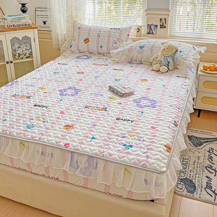 91家纺网 家纺一手货源 找家纺 艾橙家纺 2025新款雪纺花边加棉床笠款单品四件套-单床笠 心彩童话