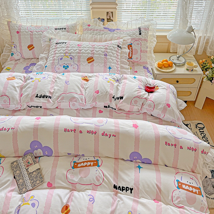 91家纺网 家纺一手货源 找家纺 艾橙家纺 2025新款雪纺花边加棉床笠款单品四件套-单床笠 心彩童话