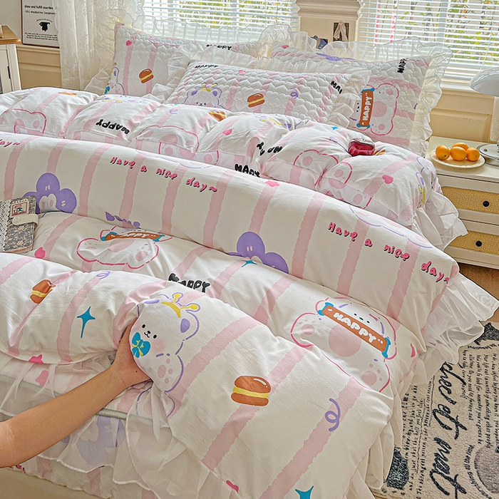 91家纺网 家纺一手货源 找家纺 艾橙家纺 2025新款雪纺花边加棉床笠款单品四件套-单床笠 心彩童话