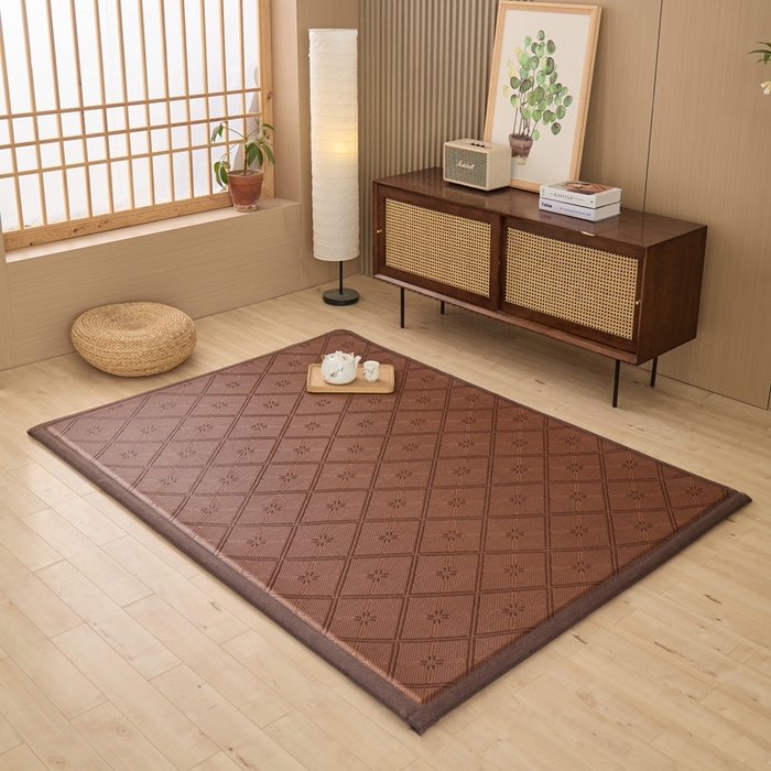 91家纺网 家纺一手货源 找家纺 绒艺席业 2025新款PE藤席地垫 菱形格-咖色