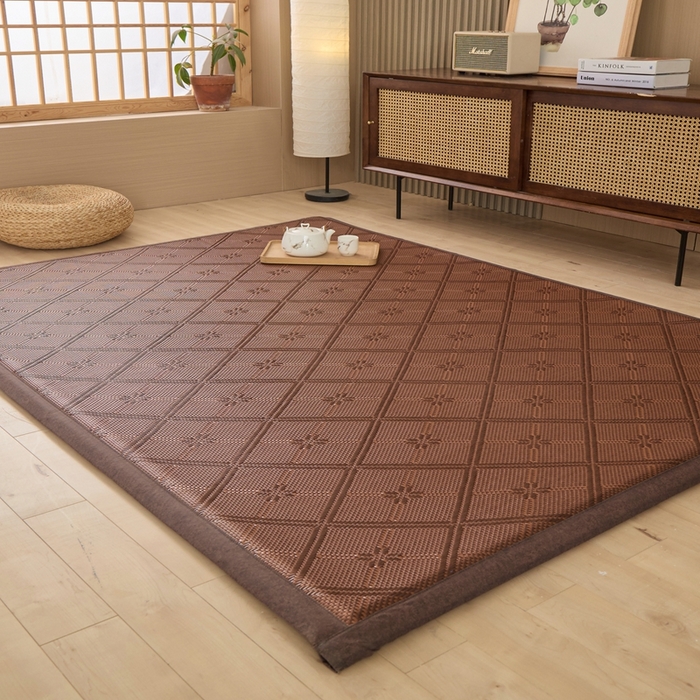 91家纺网 家纺一手货源 找家纺 绒艺席业 2025新款PE藤席地垫 菱形格-咖色