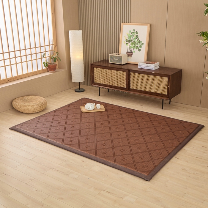 91家纺网 家纺一手货源 找家纺 绒艺席业 2025新款PE藤席地垫 菱形格-咖色