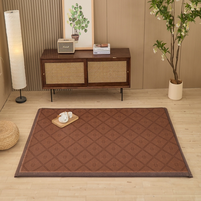 91家纺网 家纺一手货源 找家纺 绒艺席业 2025新款PE藤席地垫 菱形格-咖色