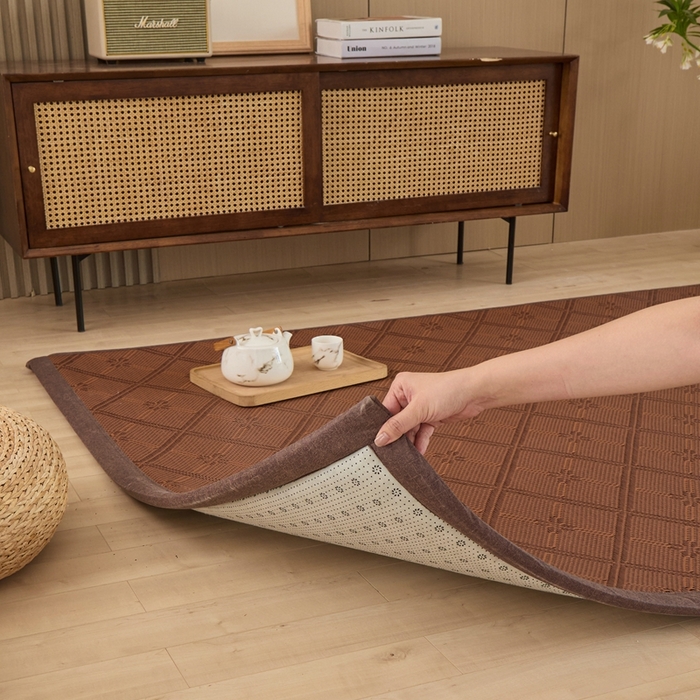 91家纺网 家纺一手货源 找家纺 绒艺席业 2025新款PE藤席地垫 菱形格-咖色