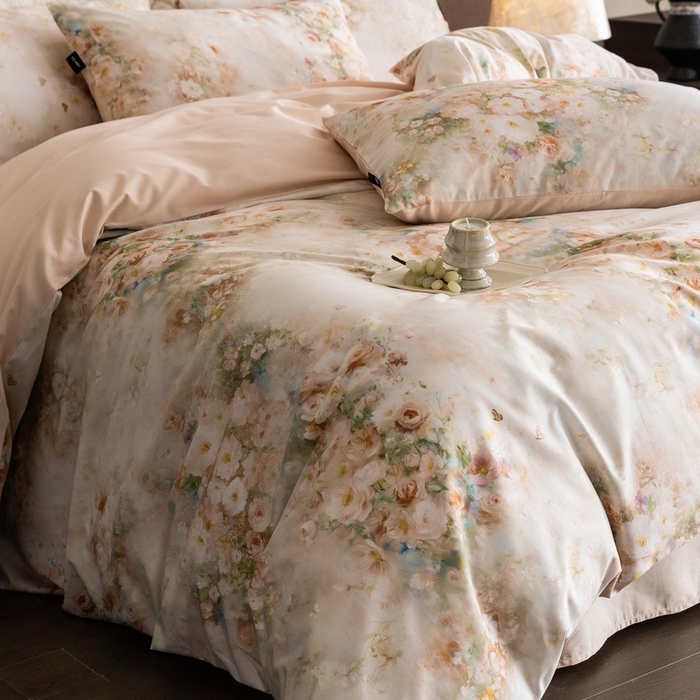 91家纺网 家纺一手货源 找家纺 佳汐蓝家纺 2025新款春夏60S贡缎长绒棉数码印花四件套 樱雪-黄