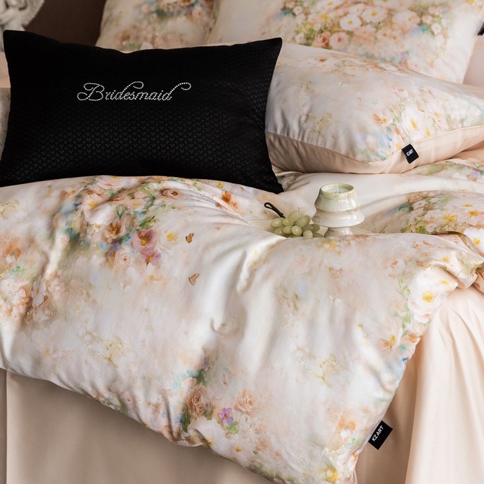 91家纺网 家纺一手货源 找家纺 佳汐蓝家纺 2025新款春夏60S贡缎长绒棉数码印花四件套 樱雪-黄