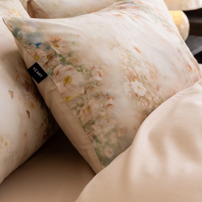 91家纺网 家纺一手货源 找家纺 佳汐蓝家纺 2025新款春夏60S贡缎长绒棉数码印花四件套 樱雪-黄