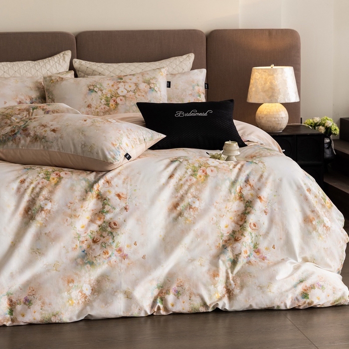 91家纺网 家纺一手货源 找家纺 佳汐蓝家纺 2025新款春夏60S贡缎长绒棉数码印花四件套 樱雪-黄