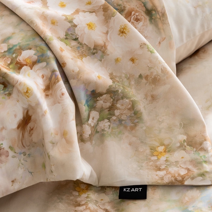 91家纺网 家纺一手货源 找家纺 佳汐蓝家纺 2025新款春夏60S贡缎长绒棉数码印花四件套 樱雪-黄