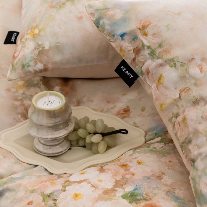 91家纺网 家纺一手货源 找家纺 佳汐蓝家纺 2025新款春夏60S贡缎长绒棉数码印花四件套 樱雪-黄