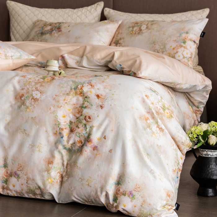 91家纺网 家纺一手货源 找家纺 佳汐蓝家纺 2025新款春夏60S贡缎长绒棉数码印花四件套 樱雪-黄