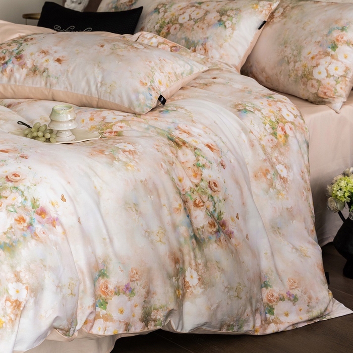 91家纺网 家纺一手货源 找家纺 佳汐蓝家纺 2025新款春夏60S贡缎长绒棉数码印花四件套 樱雪-黄