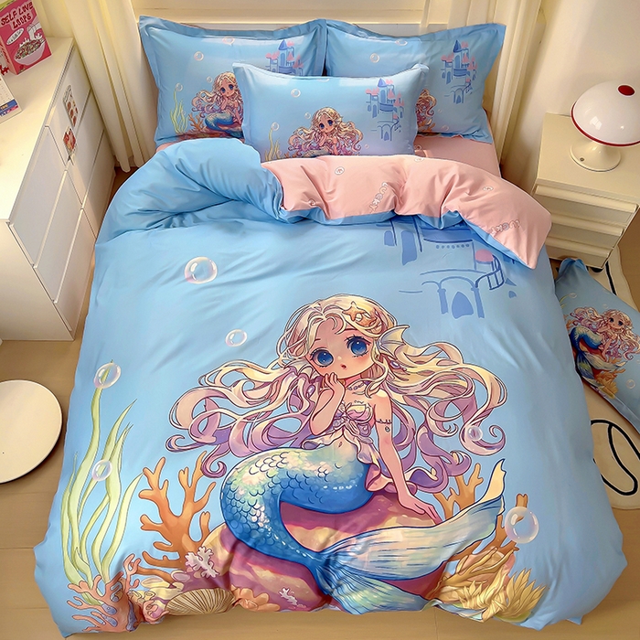 91家纺网 家纺一手货源 找家纺 浩诚 2025新款原创设计女孩全棉四件套 美人鱼