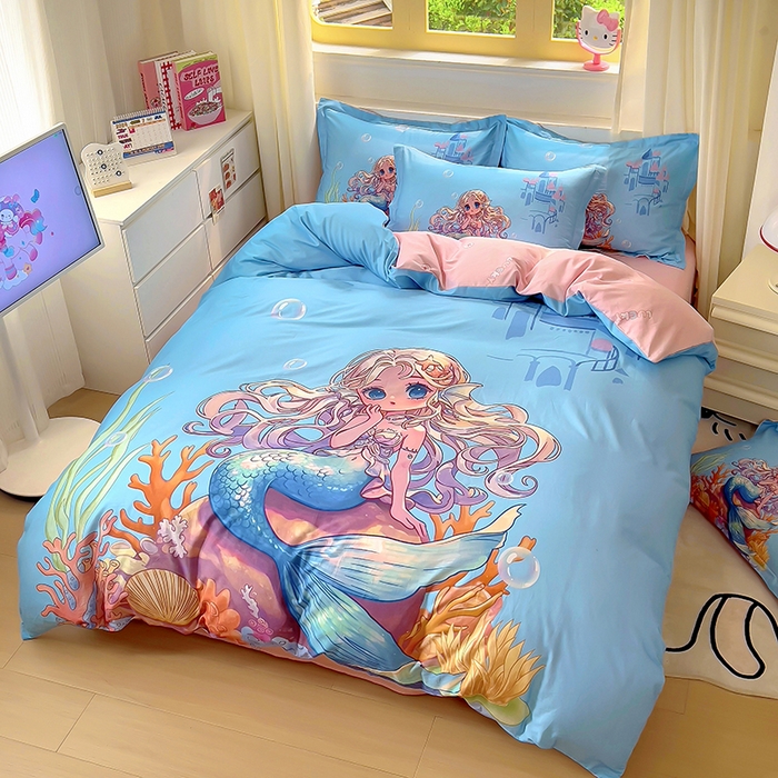 91家纺网 家纺一手货源 找家纺 浩诚 2025新款原创设计女孩全棉四件套 美人鱼