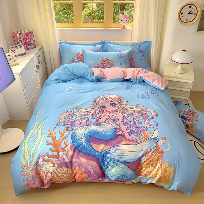 91家纺网 家纺一手货源 找家纺 浩诚 2025新款原创设计女孩全棉四件套 美人鱼