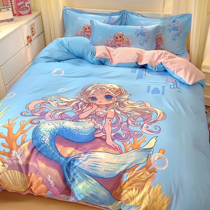 91家纺网 家纺一手货源 找家纺 浩诚 2025新款原创设计女孩全棉四件套 美人鱼