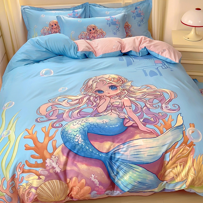 91家纺网 家纺一手货源 找家纺 浩诚 2025新款原创设计女孩全棉四件套 美人鱼