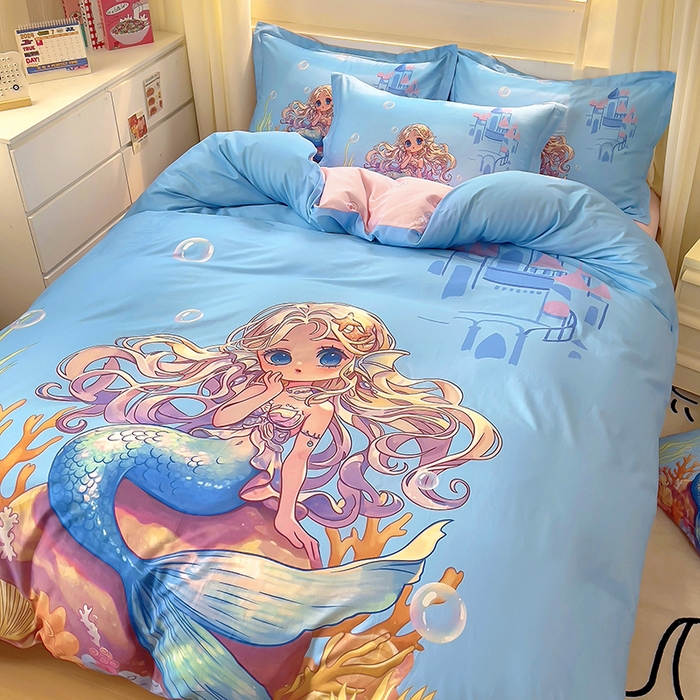 91家纺网 家纺一手货源 找家纺 浩诚 2025新款原创设计女孩全棉四件套 美人鱼