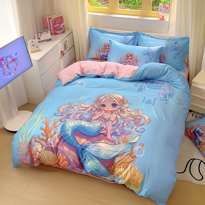 91家纺网 家纺一手货源 找家纺 浩诚 2025新款原创设计女孩全棉四件套 美人鱼