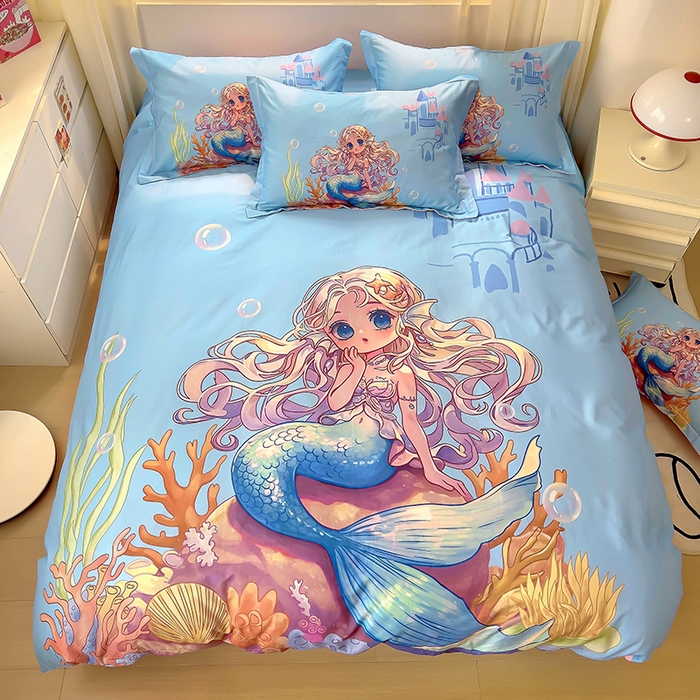 91家纺网 家纺一手货源 找家纺 浩诚 2025新款原创设计女孩全棉四件套 美人鱼