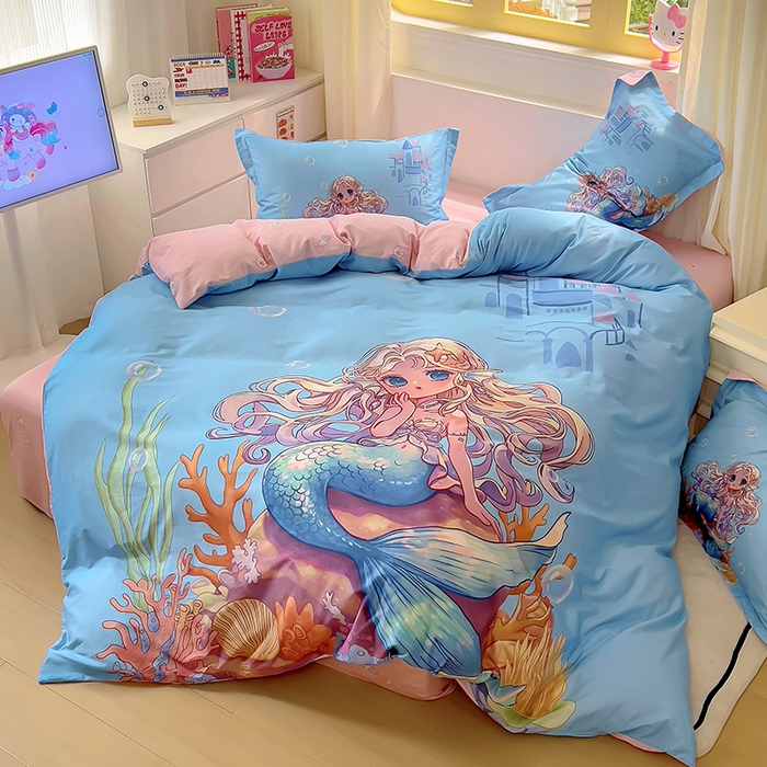 91家纺网 家纺一手货源 找家纺 浩诚 2025新款原创设计女孩全棉四件套 美人鱼