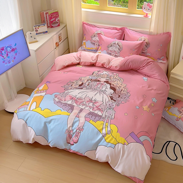 91家纺网 家纺一手货源 找家纺 浩诚 2025新款原创设计女孩全棉四件套 甜心女孩