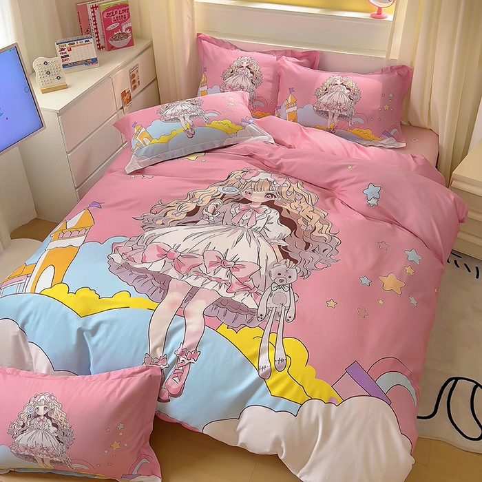 91家纺网 家纺一手货源 找家纺 浩诚 2025新款原创设计女孩全棉四件套 甜心女孩