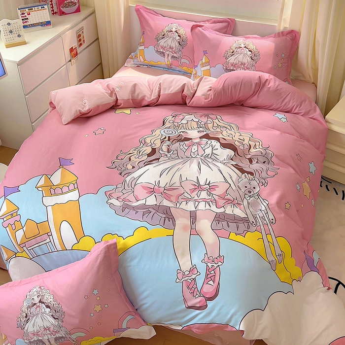 91家纺网 家纺一手货源 找家纺 浩诚 2025新款原创设计女孩全棉四件套 甜心女孩