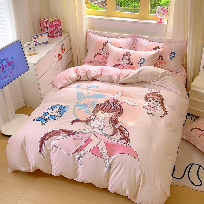 91家纺网 家纺一手货源 找家纺 浩诚 2025新款原创设计女孩全棉四件套 小兔女郎