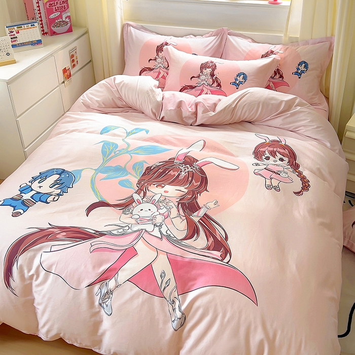 91家纺网 家纺一手货源 找家纺 浩诚 2025新款原创设计女孩全棉四件套 小兔女郎