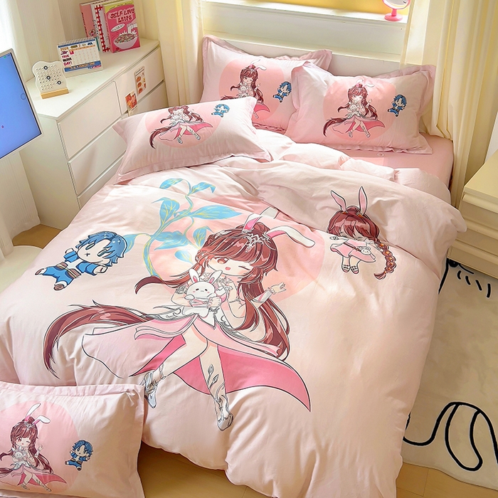 91家纺网 家纺一手货源 找家纺 浩诚 2025新款原创设计女孩全棉四件套 小兔女郎