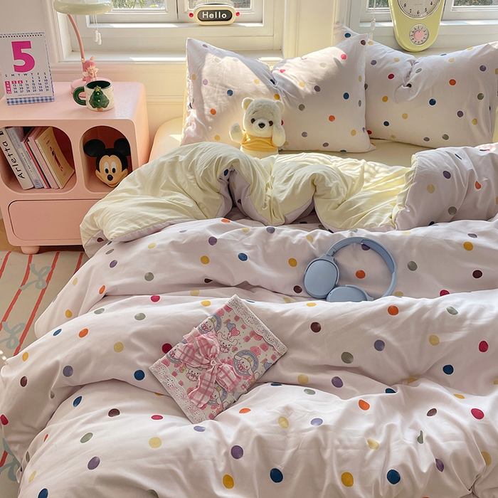 思诺羽床笠 2025春夏新款小清新105克高克重水洗棉印花四件套 七彩波点