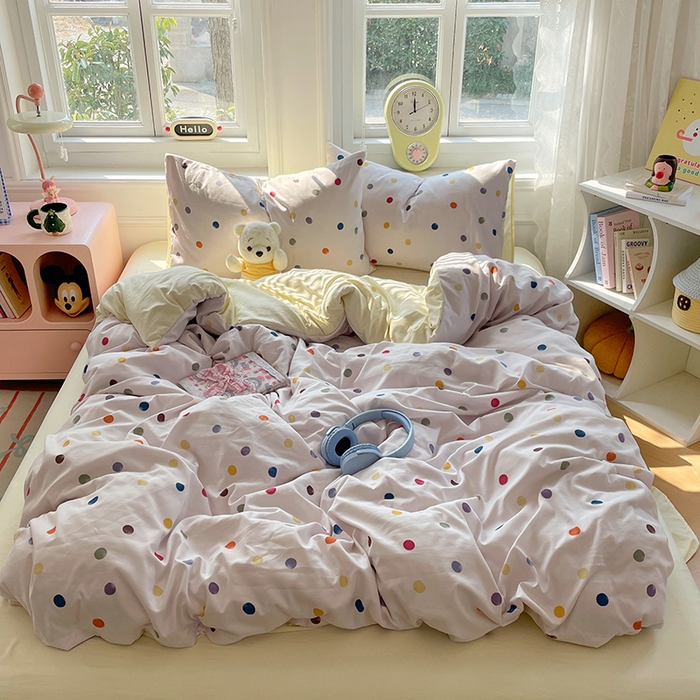 91家纺网 家纺一手货源 找家纺 思诺羽床笠 2025春夏新款小清新105克高克重水洗棉印花四件套 七彩波点