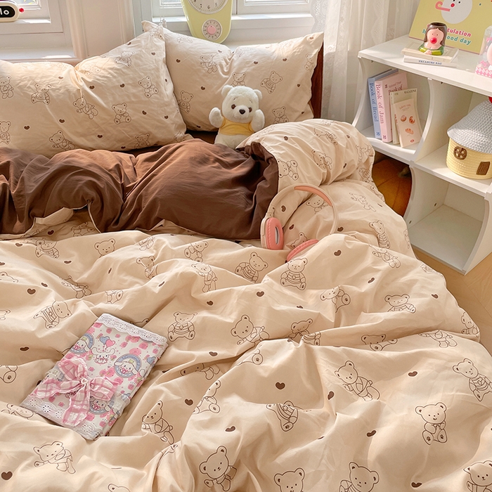 91家纺网 家纺一手货源 找家纺 思诺羽床笠 2025春夏新款小清新105克高克重水洗棉印花四件套 顽皮熊