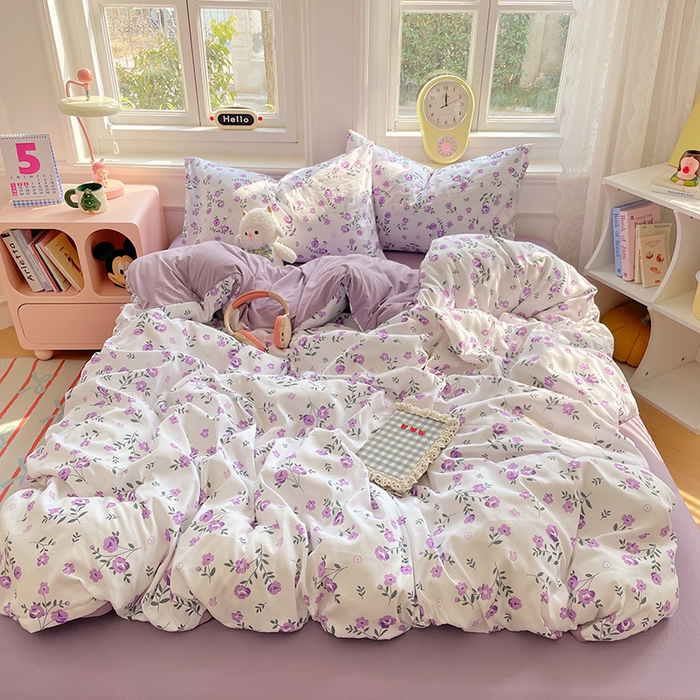 91家纺网 家纺一手货源 找家纺 思诺羽床笠 2025春夏新款小清新105克高克重水洗棉印花四件套 紫郁芳菲