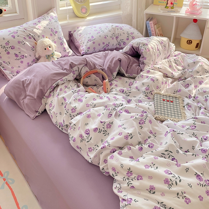 91家纺网 家纺一手货源 找家纺 思诺羽床笠 2025春夏新款小清新105克高克重水洗棉印花四件套 紫郁芳菲