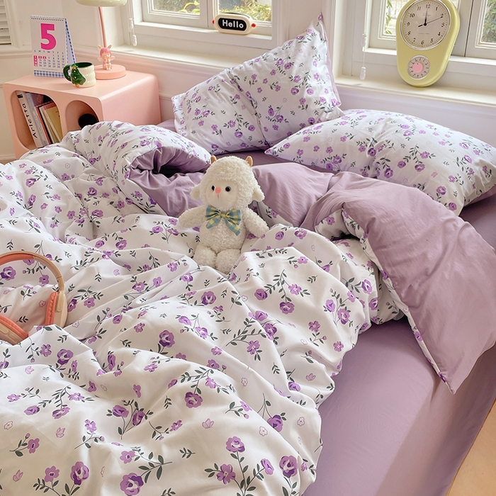 91家纺网 家纺一手货源 找家纺 思诺羽床笠 2025春夏新款小清新105克高克重水洗棉印花四件套 紫郁芳菲