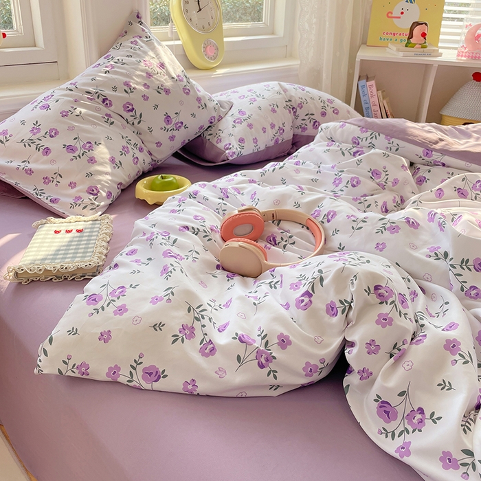 91家纺网 家纺一手货源 找家纺 思诺羽床笠 2025春夏新款小清新105克高克重水洗棉印花四件套 紫郁芳菲