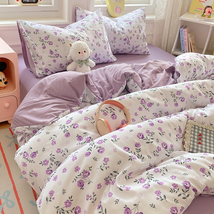 91家纺网 家纺一手货源 找家纺 思诺羽床笠 2025春夏新款小清新105克高克重水洗棉印花四件套 紫郁芳菲