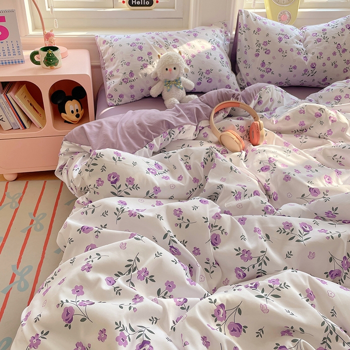 91家纺网 家纺一手货源 找家纺 思诺羽床笠 2025春夏新款小清新105克高克重水洗棉印花四件套 紫郁芳菲