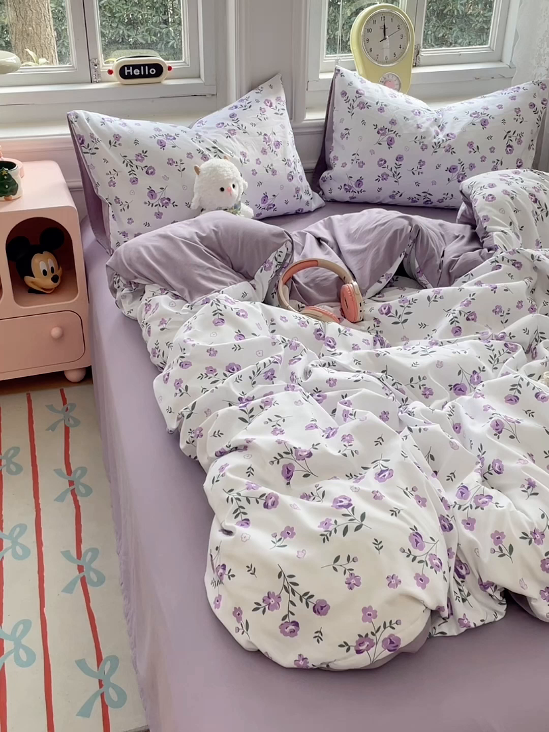 91家纺网 家纺一手货源 找家纺 思诺羽床笠 2025春夏新款小清新105克高克重水洗棉印花四件套 紫郁芳菲