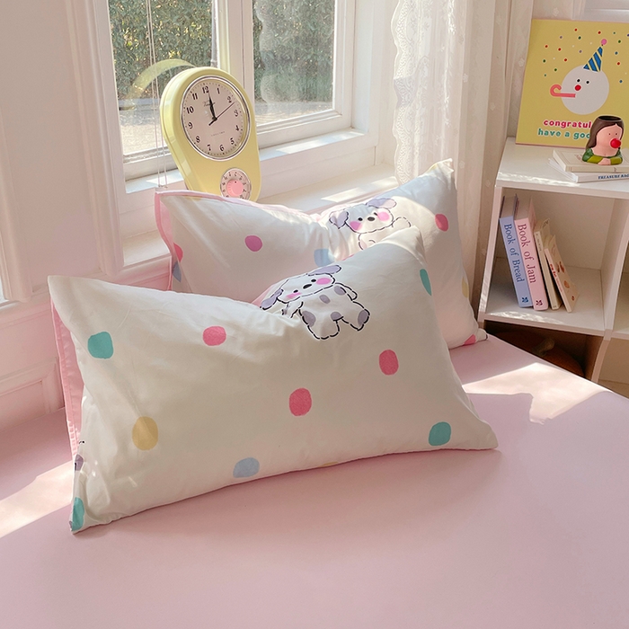 91家纺网 家纺一手货源 找家纺 思诺羽床笠 2025春夏新款小清新105克高克重水洗棉印花四件套 斑点狗