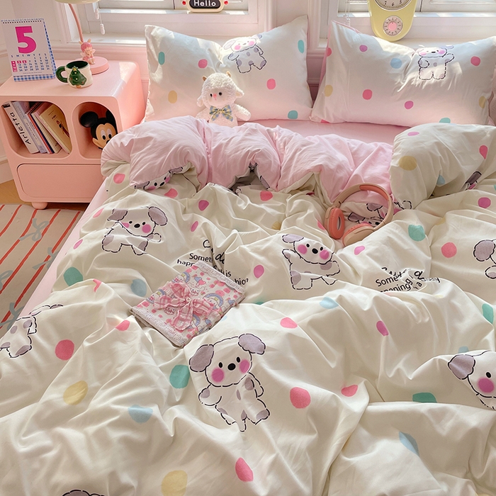 91家纺网 家纺一手货源 找家纺 思诺羽床笠 2025春夏新款小清新105克高克重水洗棉印花四件套 斑点狗