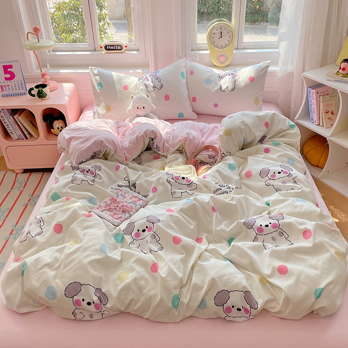 91家纺网 家纺一手货源 找家纺 思诺羽床笠 2025春夏新款小清新105克高克重水洗棉印花四件套 斑点狗