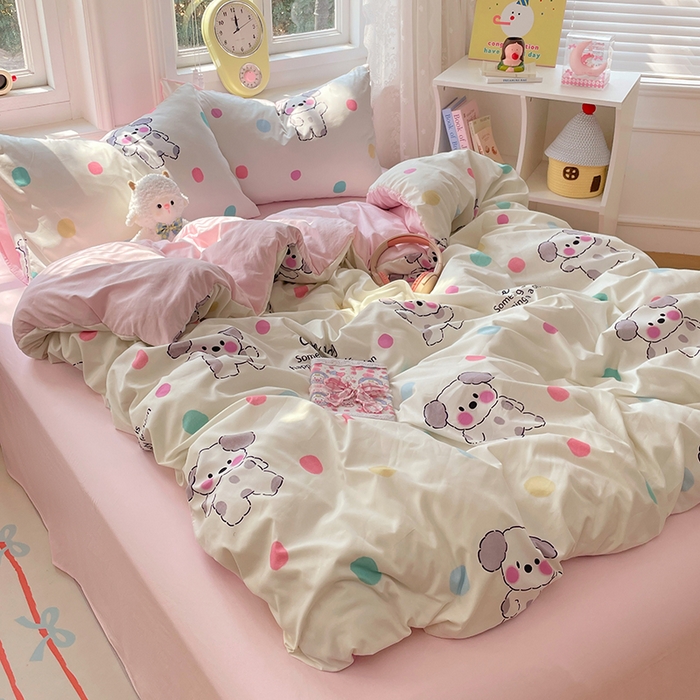 91家纺网 家纺一手货源 找家纺 思诺羽床笠 2025春夏新款小清新105克高克重水洗棉印花四件套 斑点狗