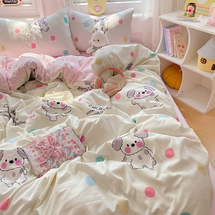 91家纺网 家纺一手货源 找家纺 思诺羽床笠 2025春夏新款小清新105克高克重水洗棉印花四件套 斑点狗