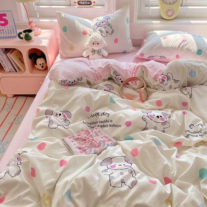 91家纺网 家纺一手货源 找家纺 思诺羽床笠 2025春夏新款小清新105克高克重水洗棉印花四件套 斑点狗